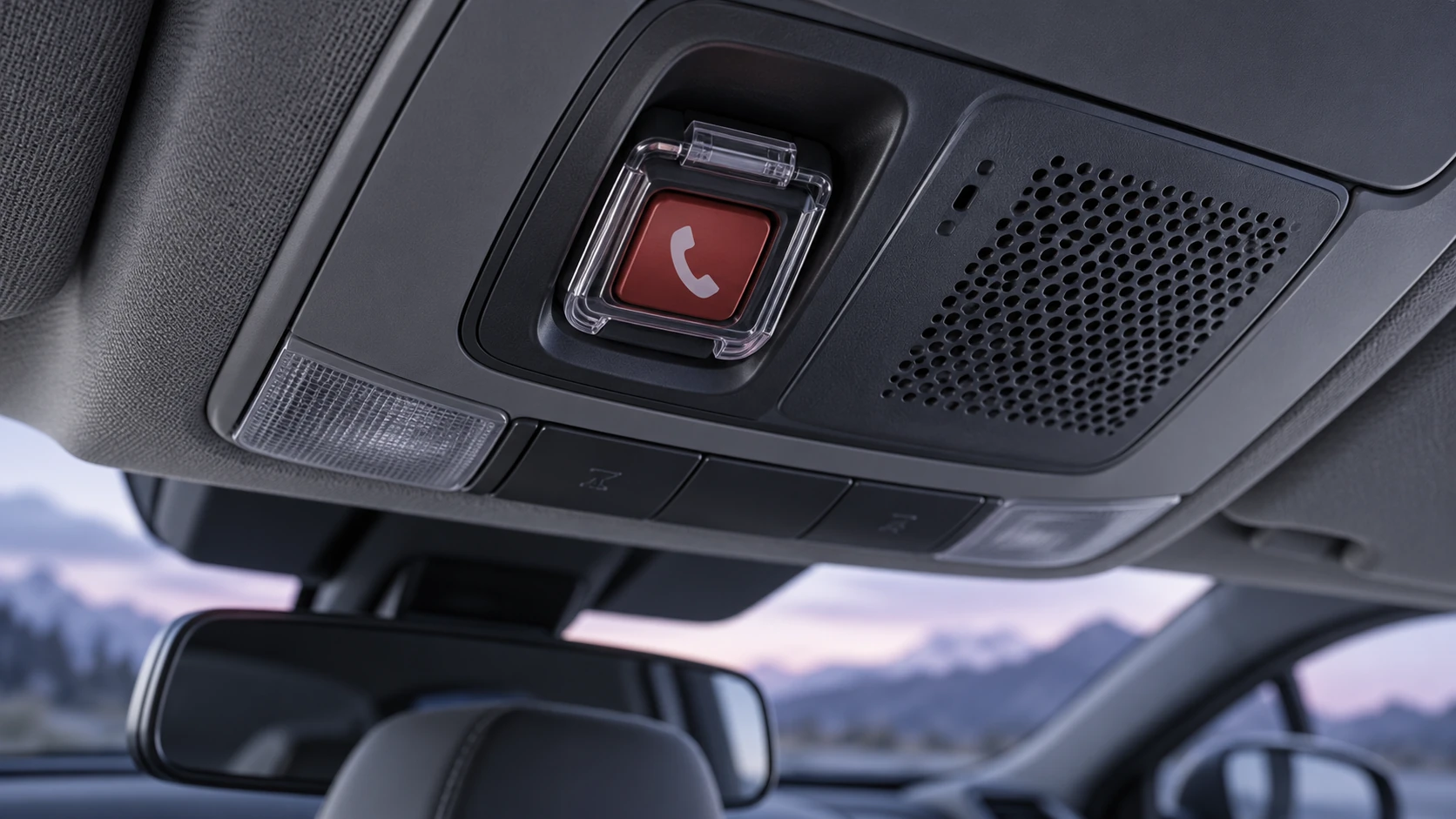 112 eCall tavan modülü, çağrı düğmesi ve hoparlörün temsili mühendislik görseli.