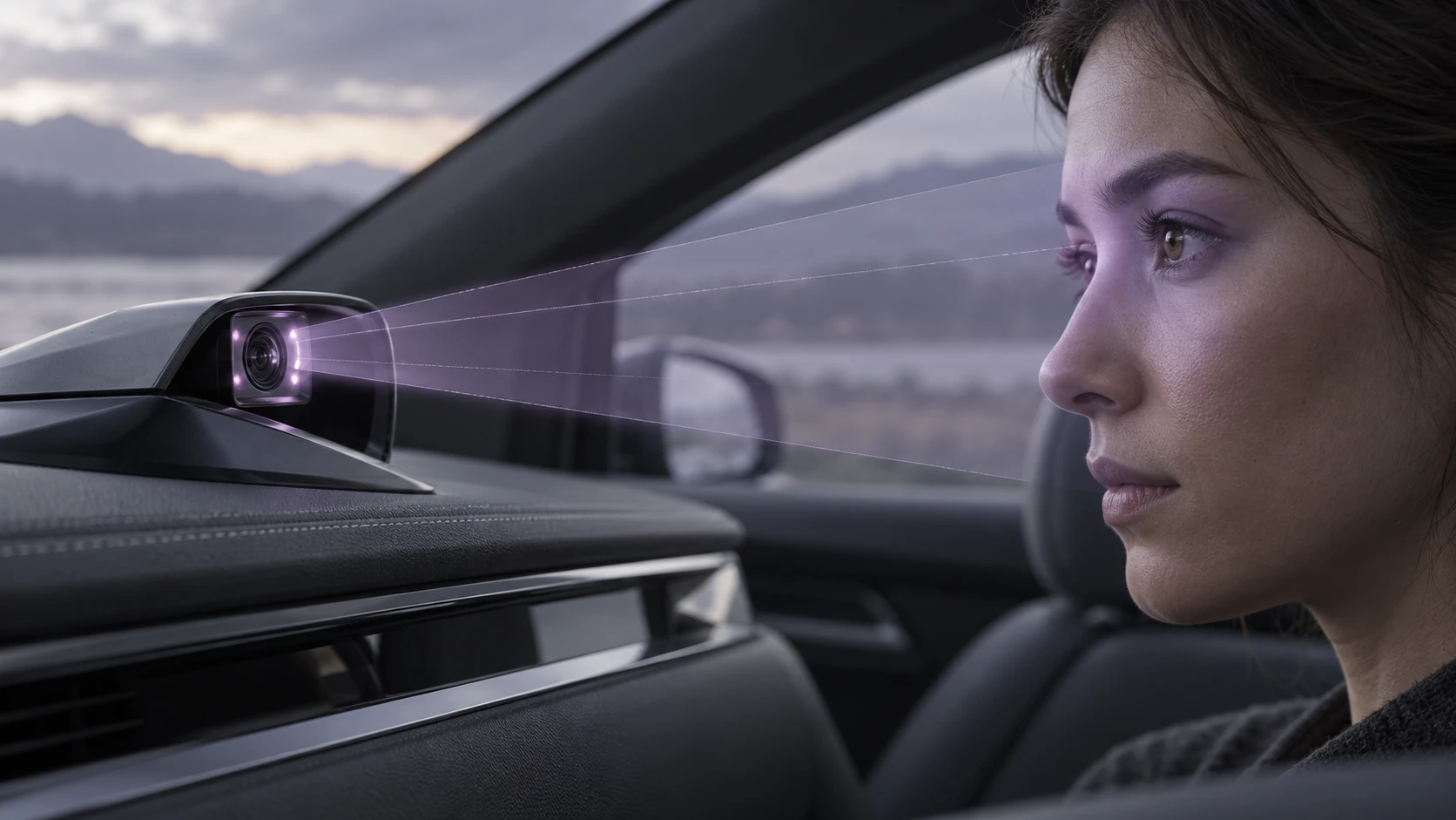 Driver-facing sensor and illustrative sightlines in an ADDW engineering scene.