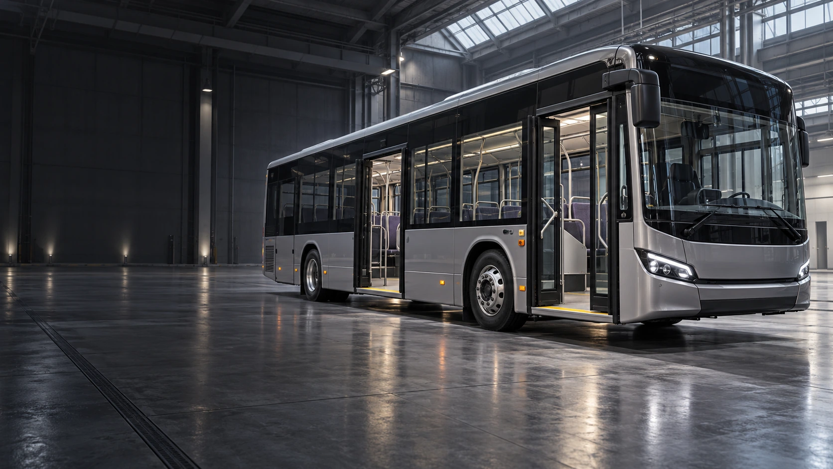 Stadtbus in einer Prüfhalle mit geöffneten Fahrgasttüren und erkennbarem Niederflurzugang.