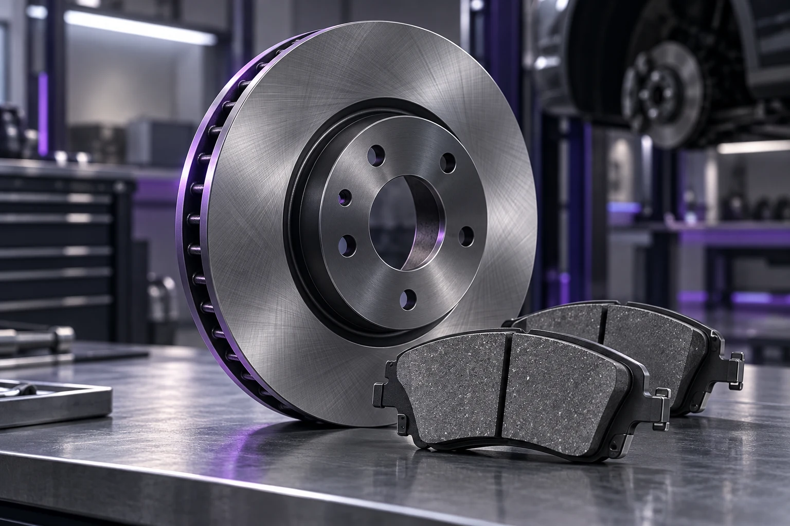 Brake disc and replacement pads on a bench.