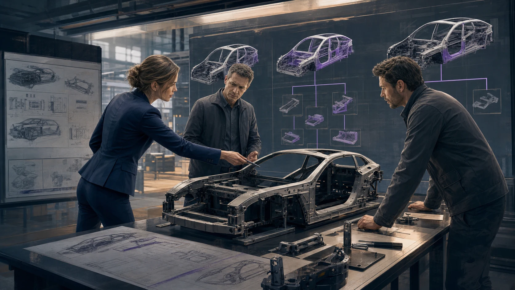 Engineering-Team bewertet Optionen für Karosseriestruktur, Massenverteilung und Genehmigungsfähigkeit