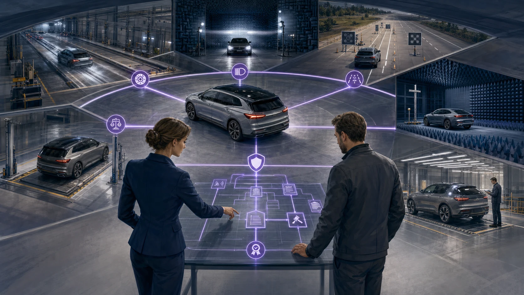 Engineering-Plan, der Brems-, Licht-, ADAS-, EMV- und Maßprüfungen mit dem richtigen Genehmigungsweg verbindet