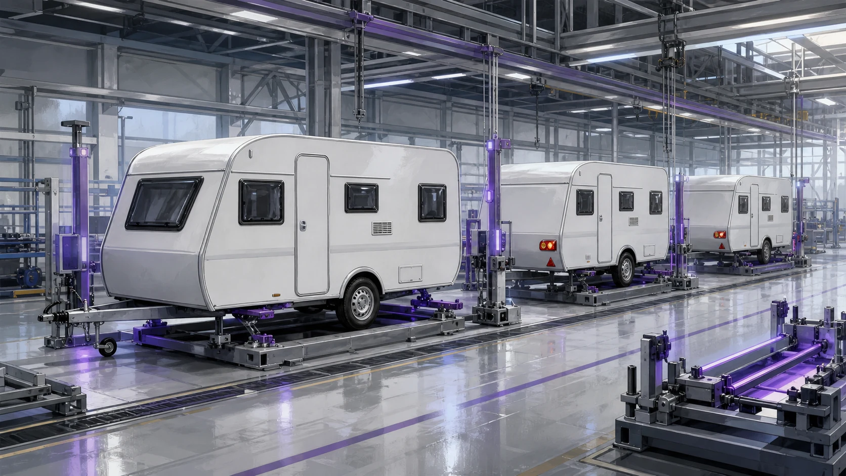 Wiederholbarkeit von Fahrgestell, Achse, Aufbau und Heckbeleuchtung in der Wohnwagen-Serienproduktion